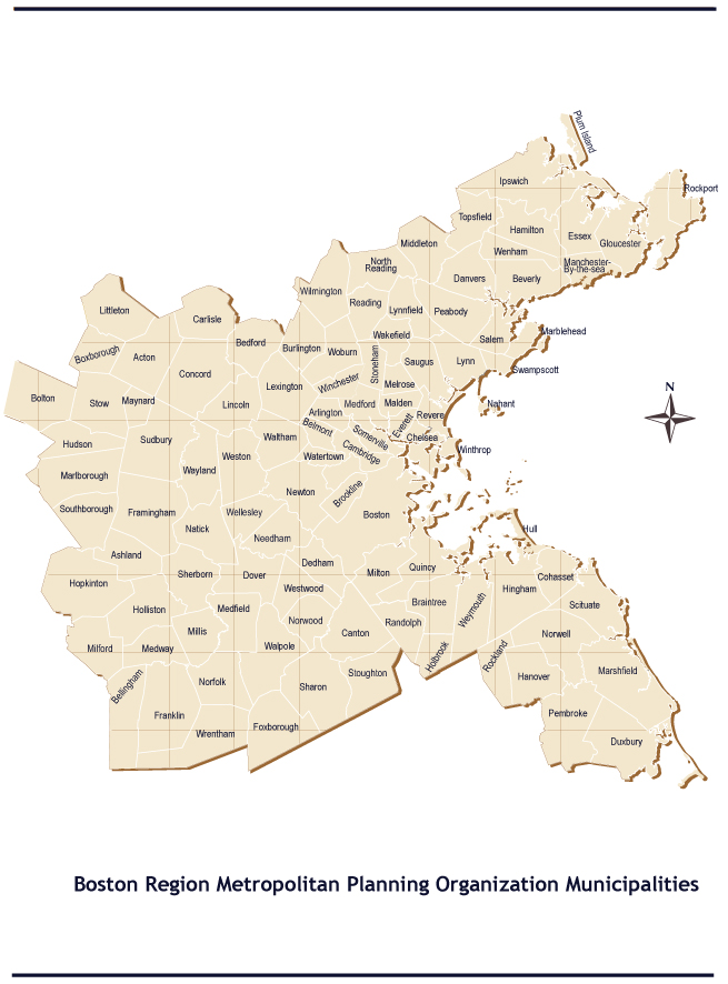 The preceding page contains a map that shows the Boston Region MPO region. This map includes the boundaries of the 101 cities and towns that fall within that region.